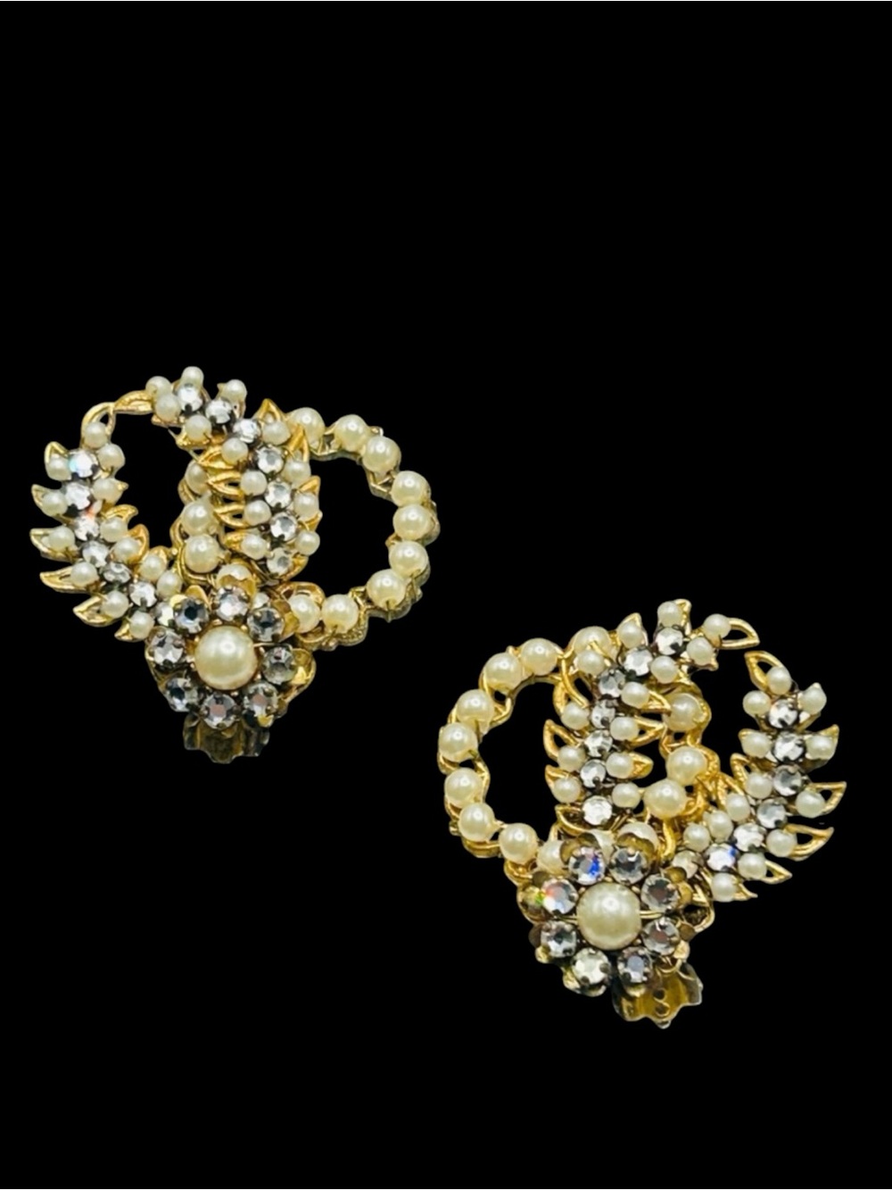 Vintage Hand Wired Faux Pearl Strass Rhinestone Filigree Earrings